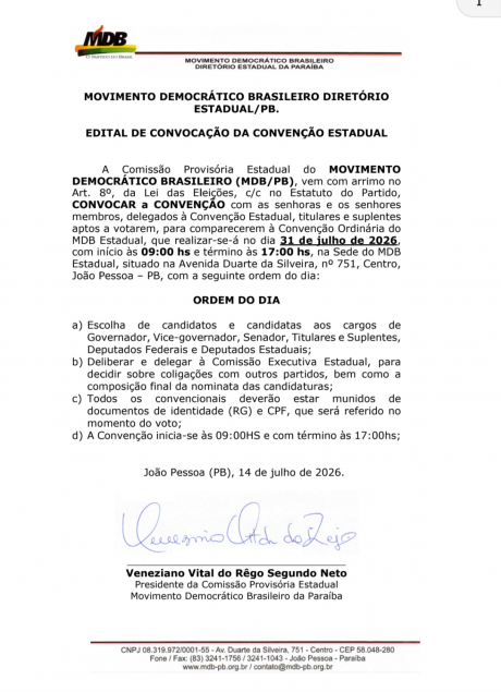 EDITAL DA CONVOCA��O DA CONVEN��O ESTADUAL